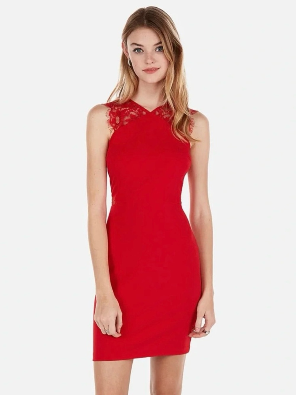 Express Red Lace-Accent Sleeveless Sheath Dress